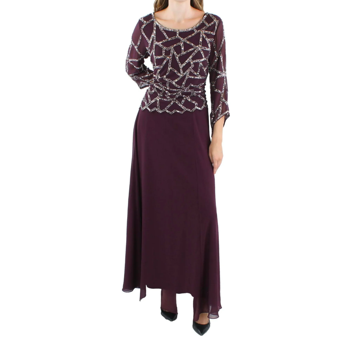 J Kara Women's V Neck Sleeve Scallop Beaded Top Long Chiffon Dress Size 18